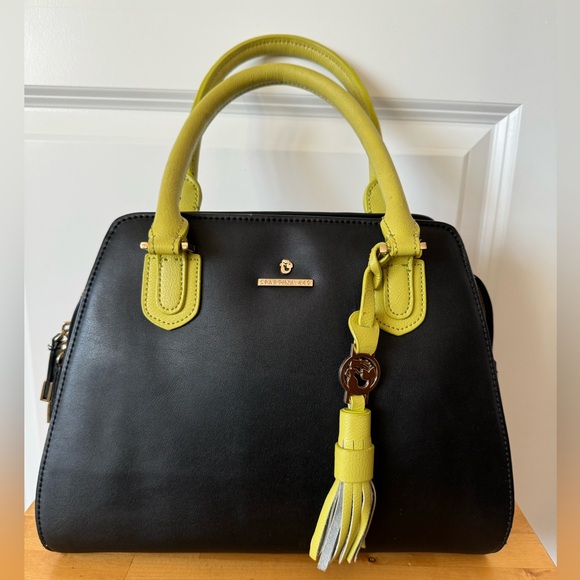 Spartina 449 Seven Oaks Alljoy Satchel. Black and green leather with linen sides - Picture 1 of 9